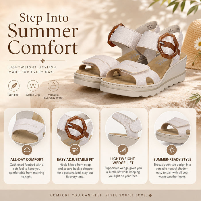White summer wedge sandals with tan buckle accent and hook-and-loop strap