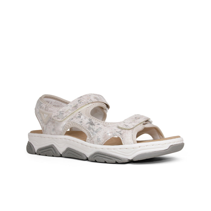 Women’s strappy sandals in light beige, textured straps, chunky rubber sole