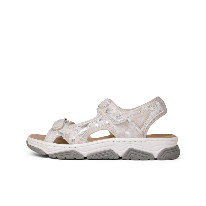Women’s strappy sandals, light beige upper, adjustable ankle strap, chunky sole