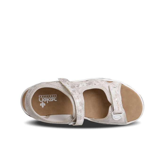 Women’s strappy sandals with open toe, light beige upper and padded tan lining