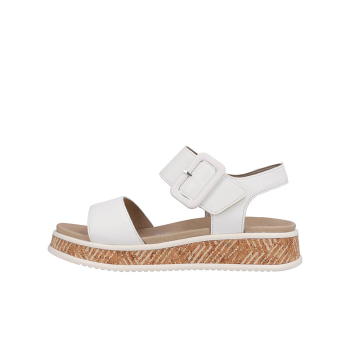 Rieker women’s white slide sandals with buckle strap and textured platform sole