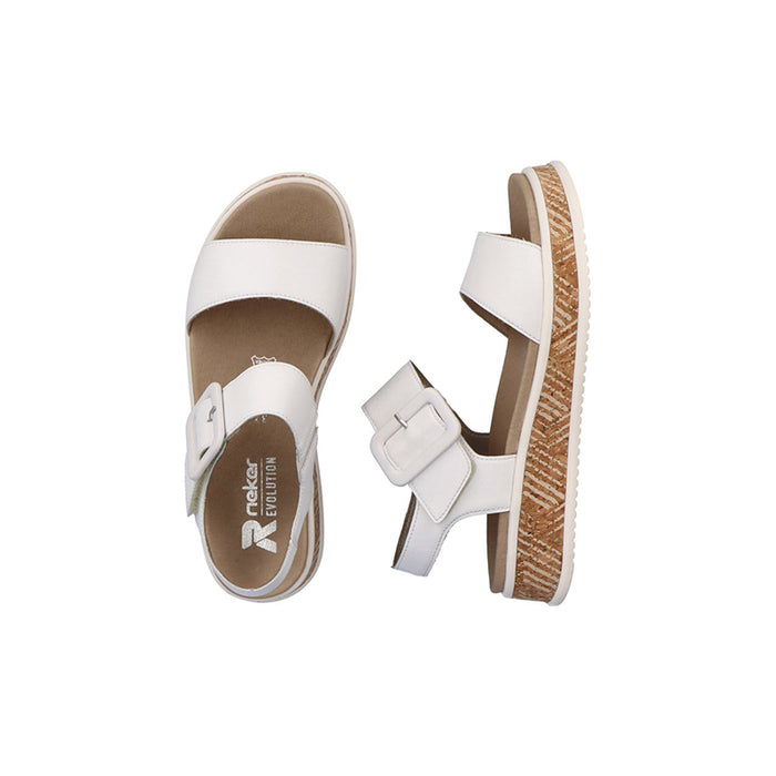 Rieker women’s white buckle sandals, open toe and platform sole close-up
