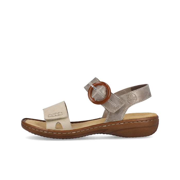 Women’s Rieker sandals, light gray upper with round buckle and tan platform sole