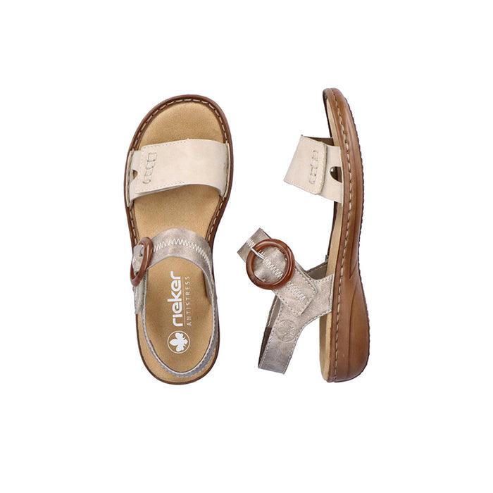 Women’s Rieker sandals close-up, light gray straps with round buckle and tan footbed