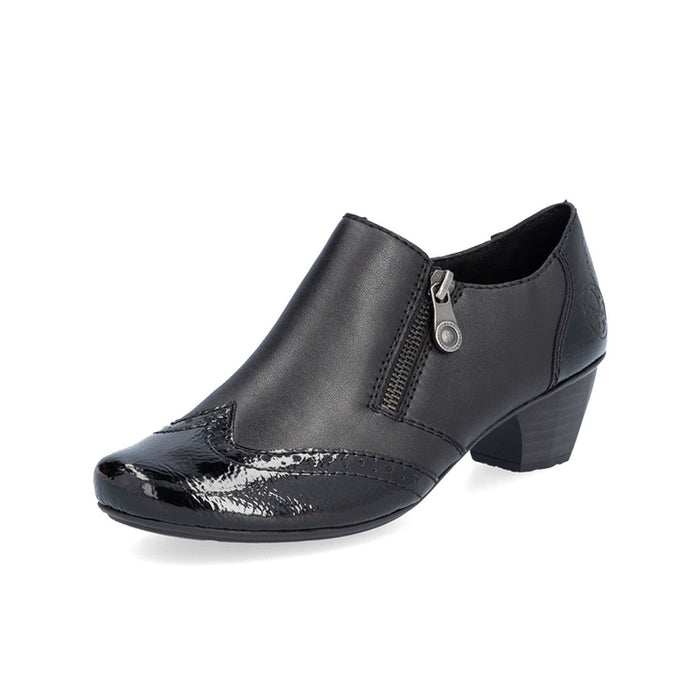 Women's black zip ankle shoes with patent toe and mid block heel