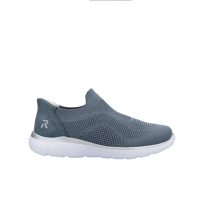 Blue knit slip-on sneaker with white cushioned sole
