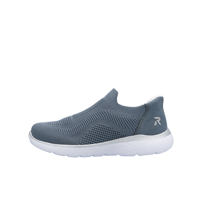Blue slip-on knit sneaker with white sole and R logo patch