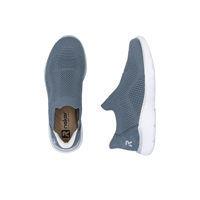 Blue slip-on sneaker pair view with knit upper, white soles, R logo