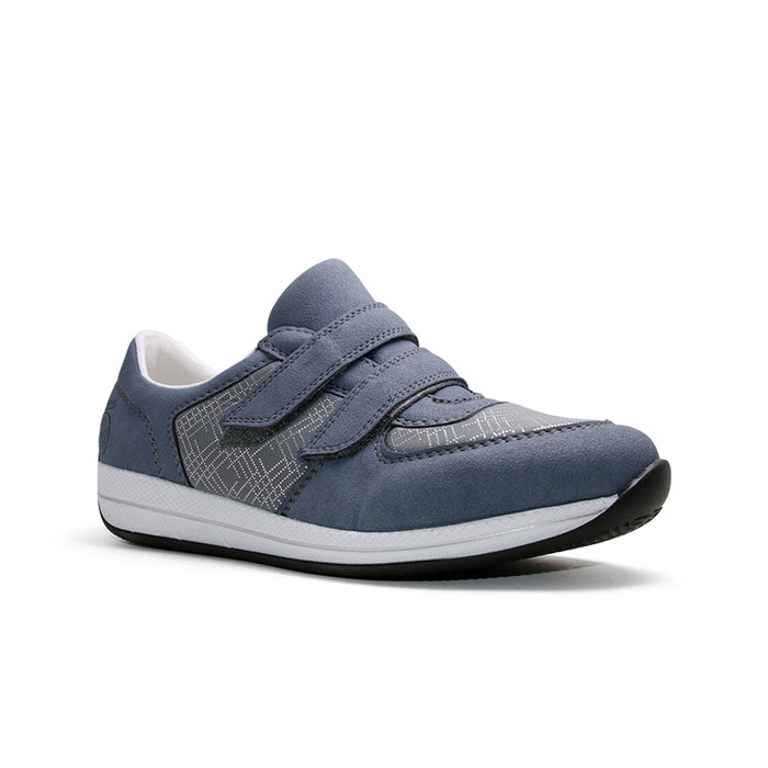 Blue low-top sneaker with hook-and-loop strap and textured side panel, lace-free