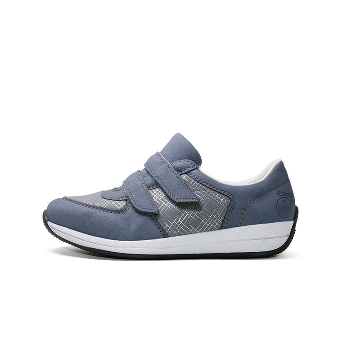 Blue low-top sneaker with hook-and-loop closure and stitched side design, lace-free