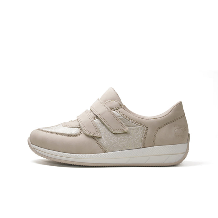 Beige low-top sneaker with hook-and-loop strap and side stitching detail, lace-free