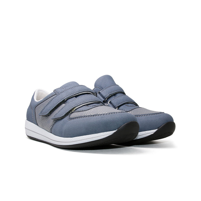 Blue low-top sneaker pair with hook-and-loop straps and white rubber sole