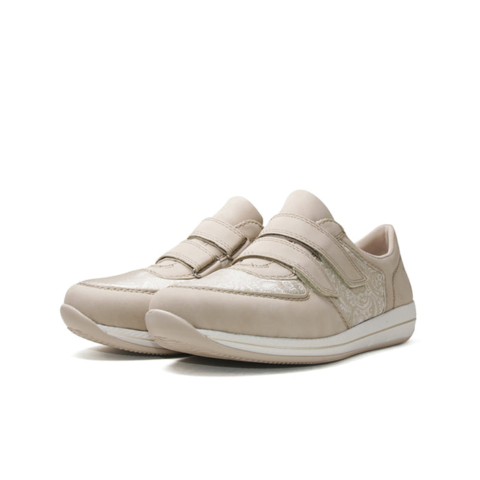 Beige low-top sneaker pair with hook-and-loop straps and white rubber sole