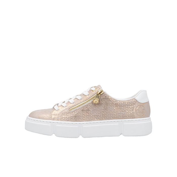 Rieker women's low-top sneakers, blush metallic with side zipper and white sole