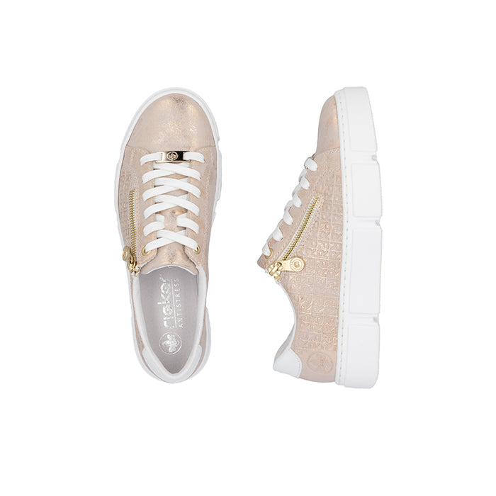 Rieker women's sneaker pair, blush metallic with lace-up and side zipper details