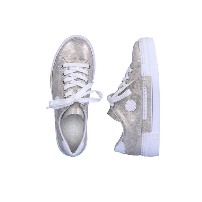 Rieker women's silver sneakers, pair view with laces and toe box