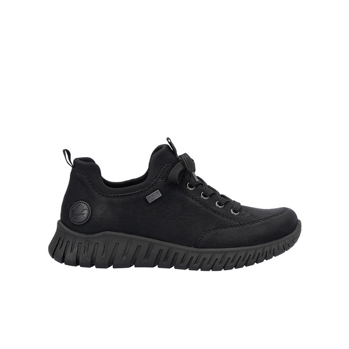 Black slip-on lace sneakers with cushioned sole and round toe