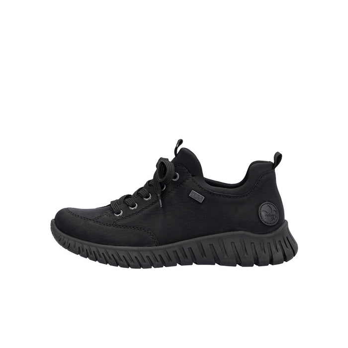 Black lace-up sneakers with padded collar and chunky tread sole
