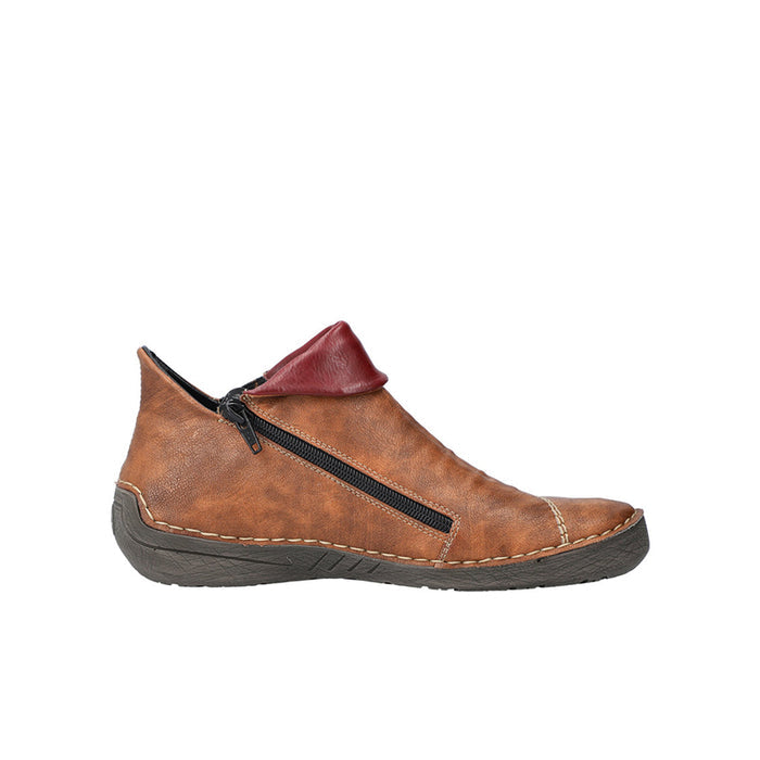 Brown lace-up sneaker with side zipper detail and cushioned rubber sole