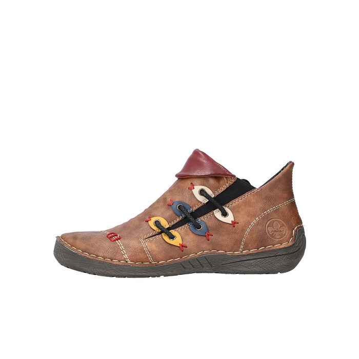 Brown low-top sneaker with laces and playful stitched graphic accents