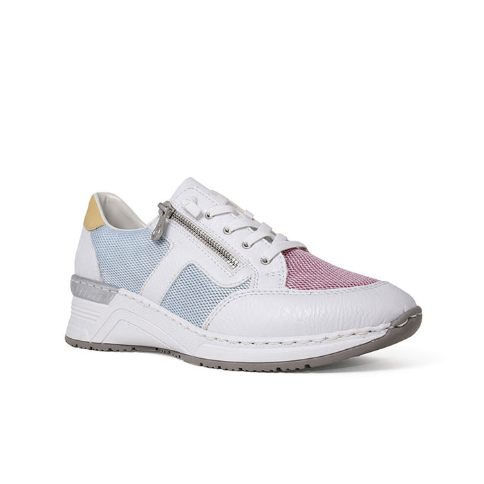 Women’s casual sneakers with white leather-look panels, light blue mesh, and pink accents