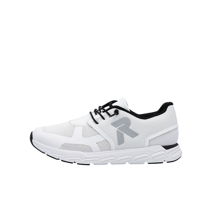 Rieker lace-up sneakers, white with black trim, lace-up front, and chunky sole