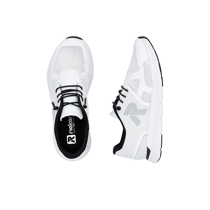 Rieker lace-up sneakers pair, white mesh with black laces and chunky white sole