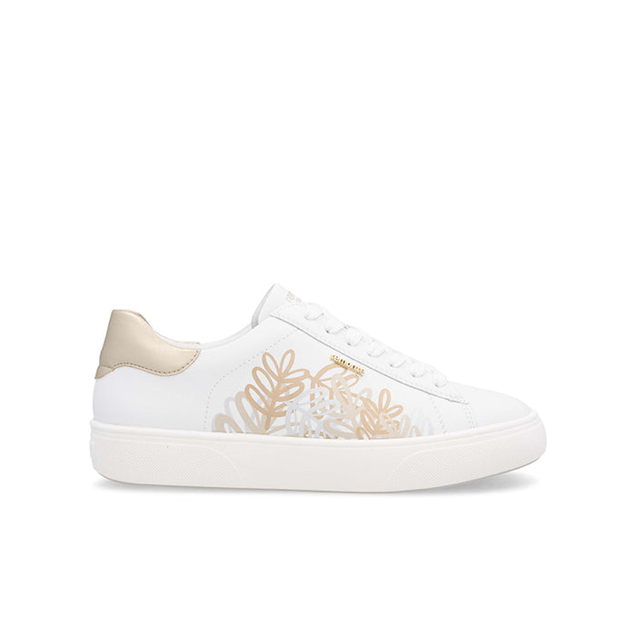 White lace-up sneaker with gold floral embroidery and beige heel trim.