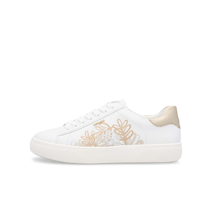 White lace-up sneaker with beige side trim and gold floral embroidery.