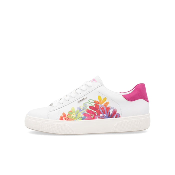 White lace-up sneaker with colorful floral graphic and magenta heel detail.