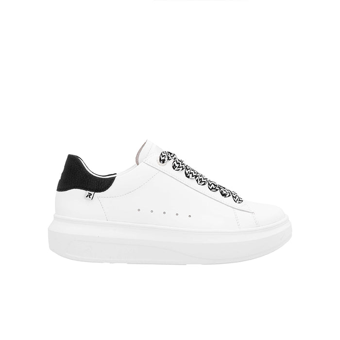 White lace-up sneakers with black heel and patterned black laces, chunky white sole