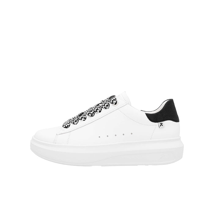 White lace-up sneakers with black heel tab and black zigzag laces, thick white sole