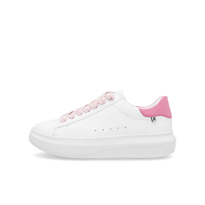 White lace-up sneakers with pink heel tab and pink lace detail, thick white sole