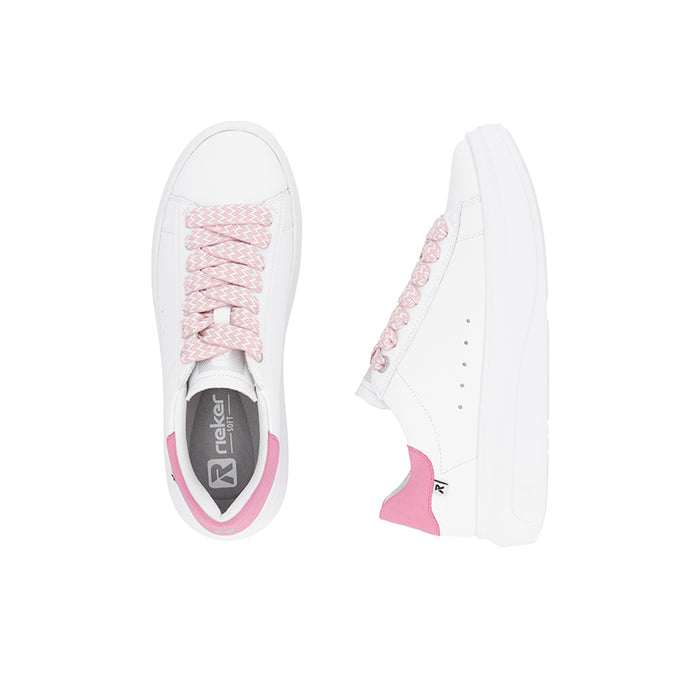 White sneakers with pink lace detail, pink heel tab, and low profile sole