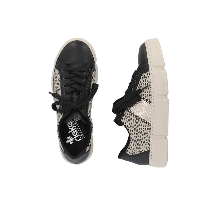 Leather sneakers pair, black laces, leopard-print side panels, thick platform sole