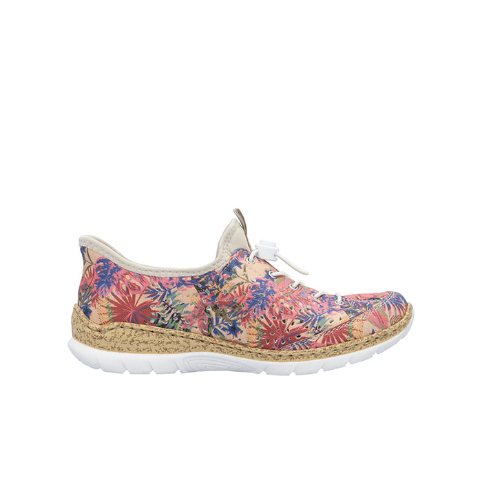 Multicolor slip-on fashion sneaker with floral print, lace-up front and white sole.