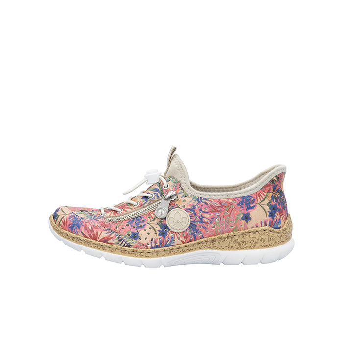 Multicolor lace-up sneaker with floral upper and round logo badge, low-profile sole.