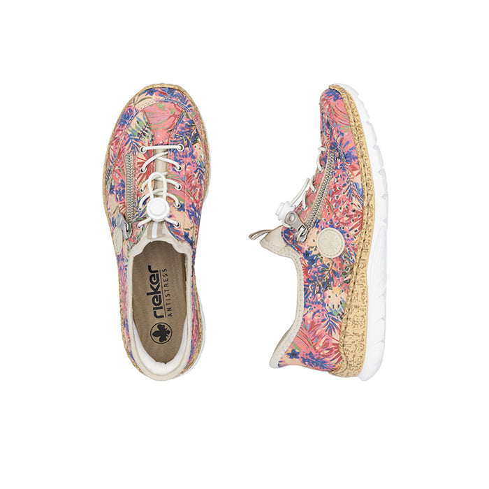 Multicolor lace-up sneaker side view with floral fabric and cork-style sole.