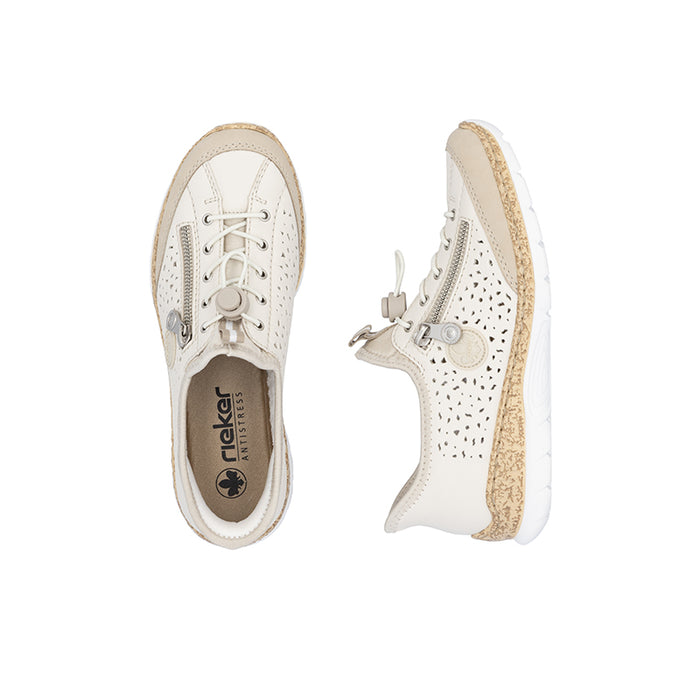 White lace-up sneaker with perforated panels and cork-look side sole trim.