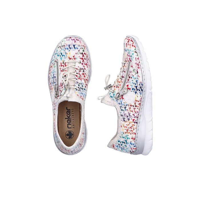 Rieker women's multicolor sneakers, lace-up pair with patterned upper and white sole