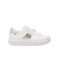 White lace-up sneakers with glitter side panel and chunky platform sole