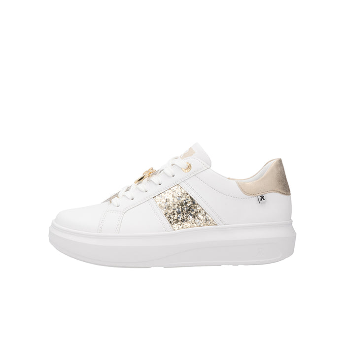 White lace-up sneakers with gold lace details and glitter side panel