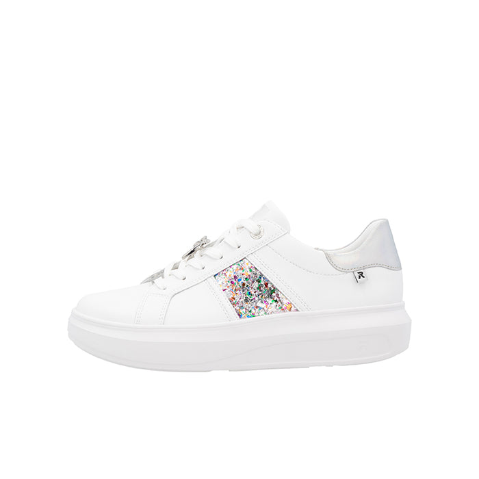 White lace-up sneakers with multicolor glitter side panel and thick sole