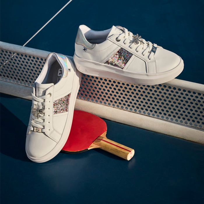 White lace-up sneakers with multicolor glitter side panel and platform sole