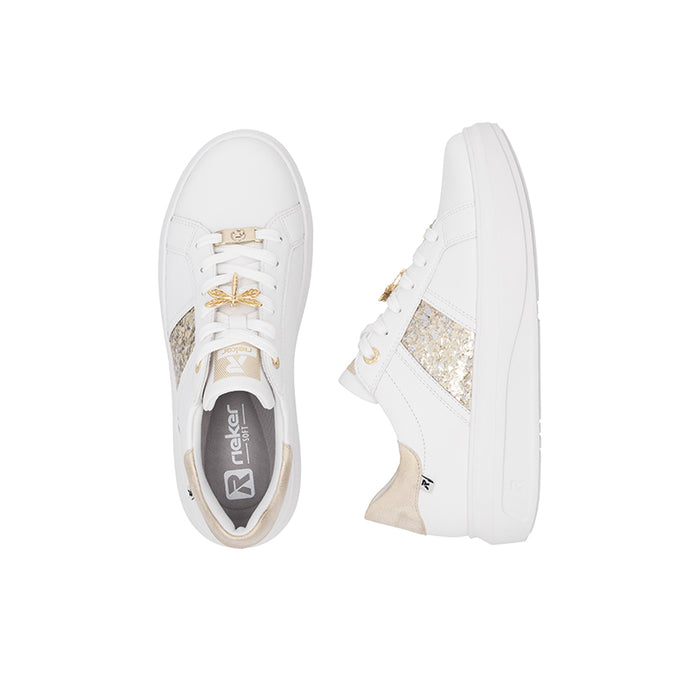 White lace-up sneakers front view with glitter side panel and gold lace eyelets