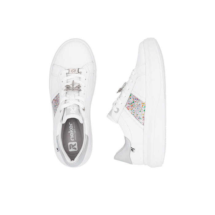White lace-up sneakers side view with glitter side panel and chunky sole