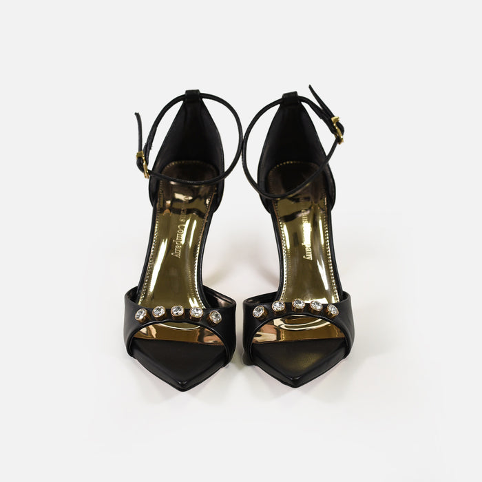 Black Rock pointed toe stiletto heels with rhinestone straps, gold metallic insoles, and adjustable ankle straps.