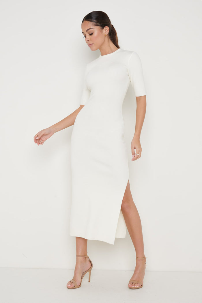 Elissa Is 5'8.5" & Wears Size UK S|Rosa Midaxi Knit Dress - Cream