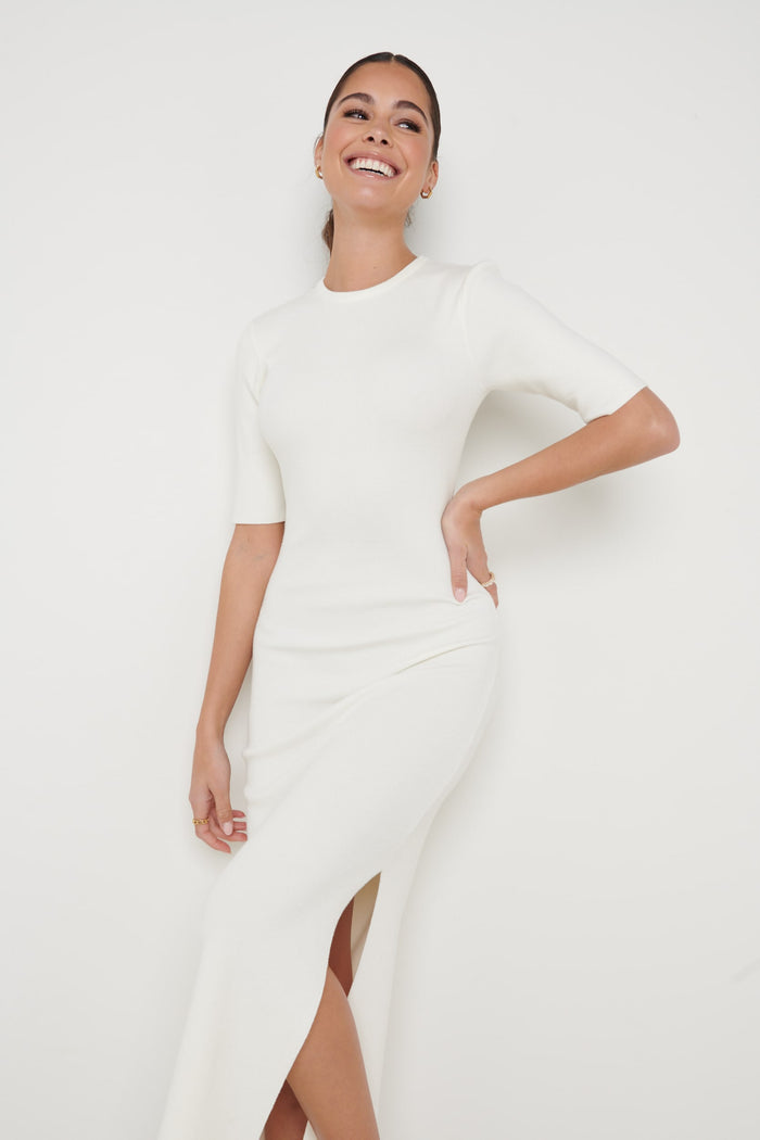 Elissa Is 5'8.5" & Wears Size UK S|Rosa Midaxi Knit Dress - Cream