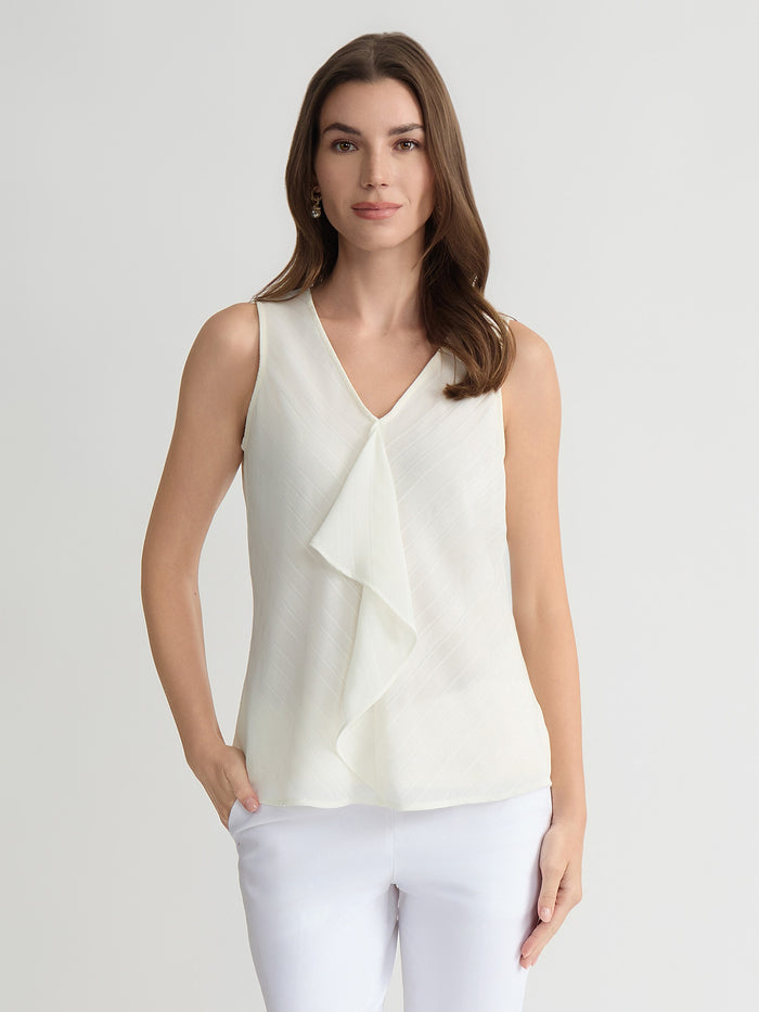 Ruffle Neck Blouse, Satin Stripe, Vanilla Ice | Kasper